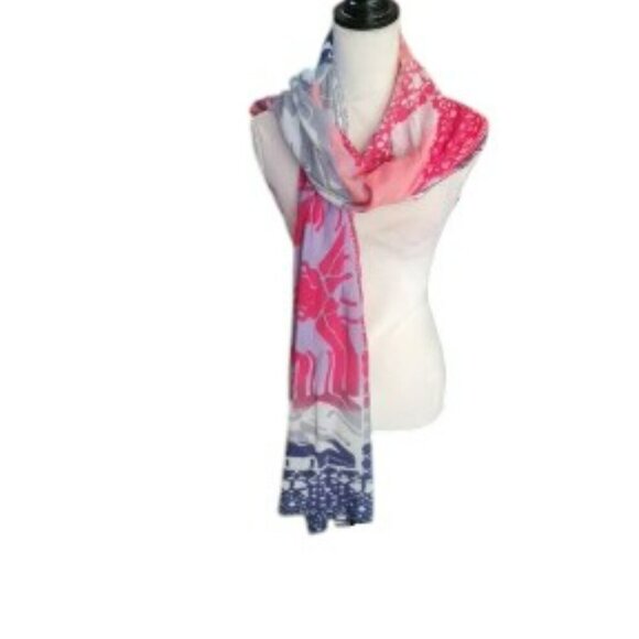 Beautifull Navy Blue, Pink, Gray & Tan Scarf with Fringe - Picture 3 of 5